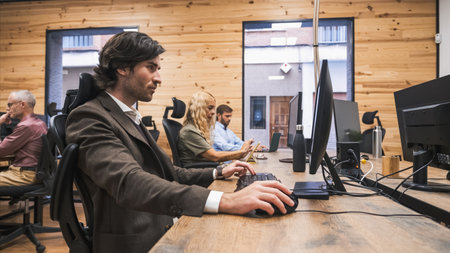 Busy business colleagues working on devices at desk in creative officeの写真素材