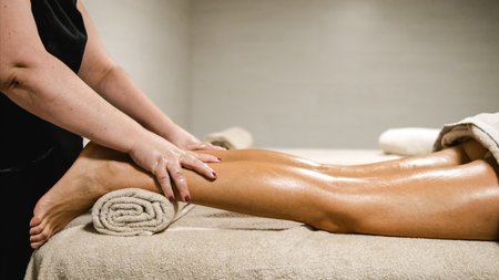 Masseuse giving leg massage to client in spaの写真素材