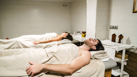 Couple relaxing on massage tables at spa: enjoying body treatmentの写真素材