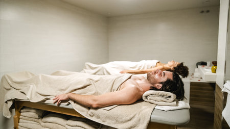 Couple relaxing on massage tables at spa: enjoying body treatmentの写真素材