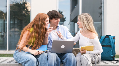 Smiling young friends discussing project outside university buildingの写真素材