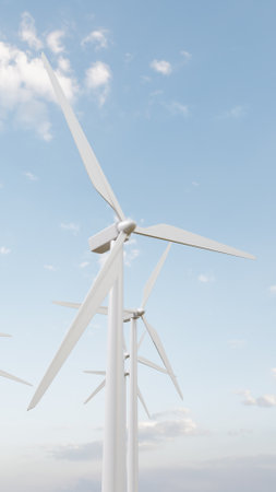 Wind turbines generating clean energy under blue sky. 3d renderの写真素材