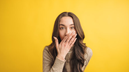 Surprised woman covering mouth on yellow backgroundの写真素材