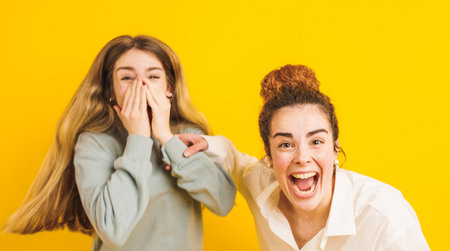 Two young women laughing and having fun on yellow backgroundの写真素材