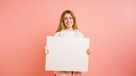 Smiling young woman holding blank white board on pink backgroundの写真素材