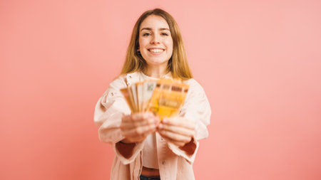 Smiling young woman showing euro banknotes on pink backgroundの写真素材