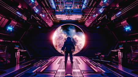 Astronaut observing nebula from spaceship window: futuristic space exploration. 3d renderの写真素材