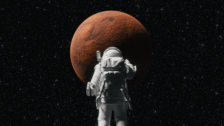 Astronaut observing mars rotating in space. 3d renderの写真素材