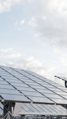 Solar panels capturing sunlight for renewable energy under cloudy sky. 3d render