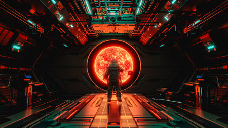 Astronaut observing red giant star from futuristic spaceship interior. 3d renderの写真素材