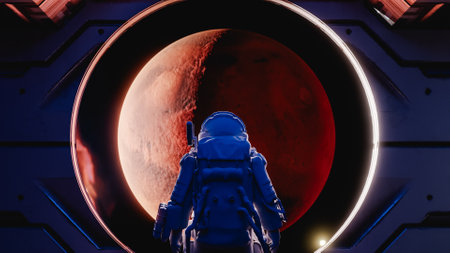Astronaut observing mars from spaceship window: colonizing mission to red planet. 3d renderの写真素材