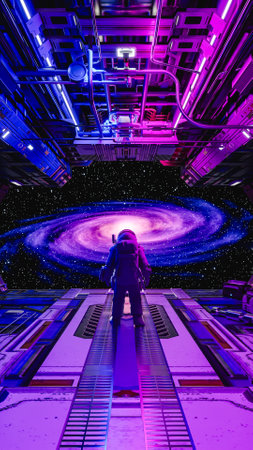 Astronaut observing galaxy from spaceship hangar: futuristic space exploration. 3d renderの写真素材