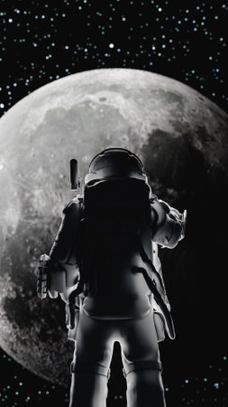 Astronaut observing the moon in space, exploring the universe. 3d renderの写真素材