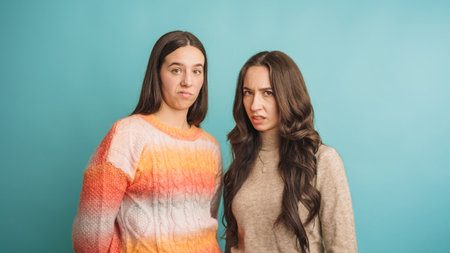 Two women displaying confused expressions against blue backgroundの写真素材