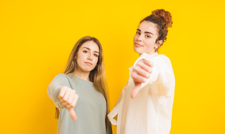 Two young women showing thumbs down on yellow backgroundの写真素材