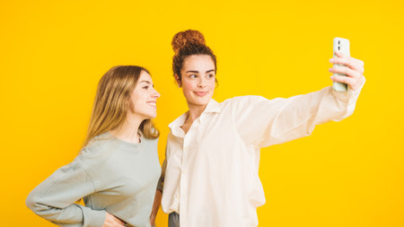Two young women taking a selfie with smartphone on yellow backgroundの写真素材