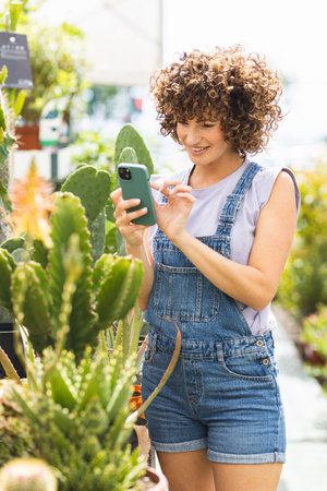 Woman gardener using smartphone in greenhouse browsing for information about plantsの写真素材