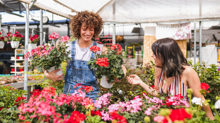 Garden center workers holding blooming geranium flower potsの写真素材