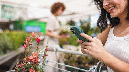 Woman using smartphone while shopping for plants in garden center
