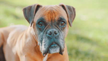 Boxer dog relaxing in green grass fieldの写真素材