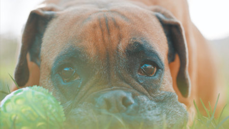 Boxer dog relaxing in grass with toyの写真素材