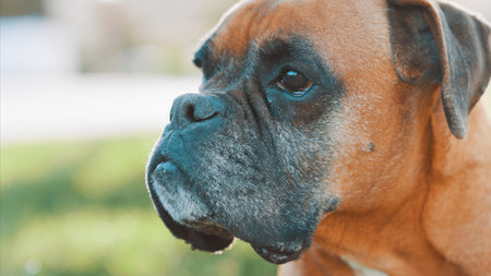 Portrait of adorable senior boxer dog relaxing outdoorsの写真素材