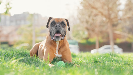 Boxer dog lying on grass with ball in parkの写真素材