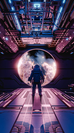 Astronaut observing pink nebula from spaceship window: futuristic space exploration. 3d render