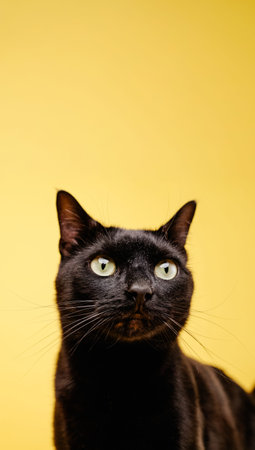 Black cat posing on yellow background: curious feline looking upの写真素材