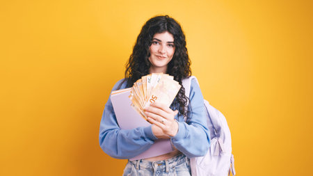 University student holding euro banknotes and school books on yellow background