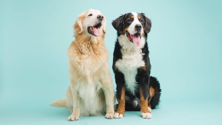 Golden retriever and bernese mountain dog panting on turquoise background