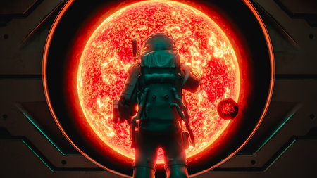 Astronaut observing burning red giant star from spaceship window. 3d renderの写真素材