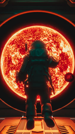 Astronaut observing giant red star from spaceship window in space exploration mission. 3d renderの写真素材