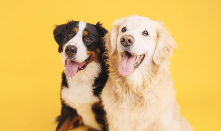 Bernese mountain dog and golden retriever panting on yellow backgroundの写真素材