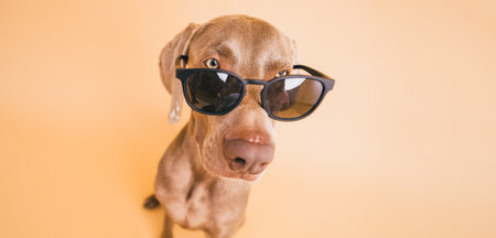 Weimaraner dog wearing cool sunglasses looking upの写真素材