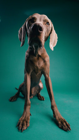 Weimaraner dog looking up with drooling mouthの写真素材
