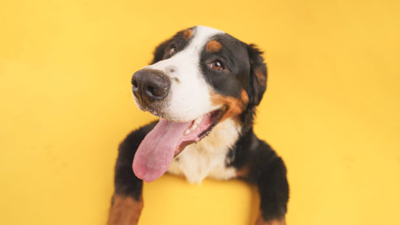 Bernese mountain dog panting on yellow background