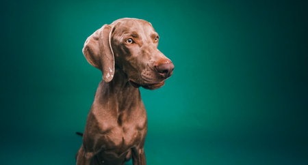 Weimaraner dog looking away on green backdropの写真素材