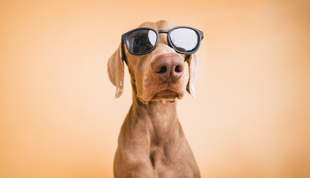 Weimaraner dog wearing black sunglasses looking coolの写真素材