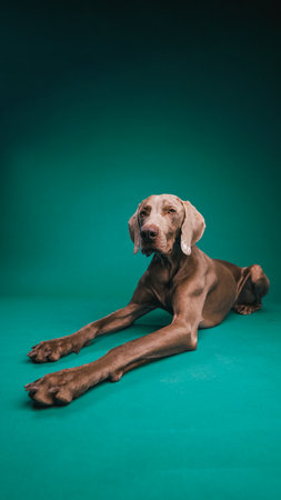 Weimaraner dog lying down on teal backgroundの写真素材