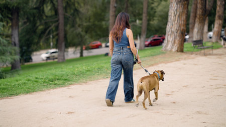 Woman walking dog on park path