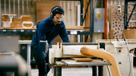 Carpenter working wood with planer machine in workshop