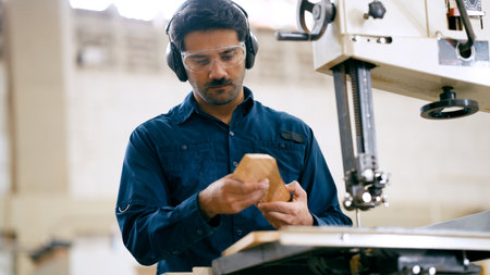 Woodworker examining wood piece at band saw
