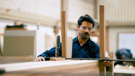 Woodworker assembling furniture frame with clamp in workshopの写真素材