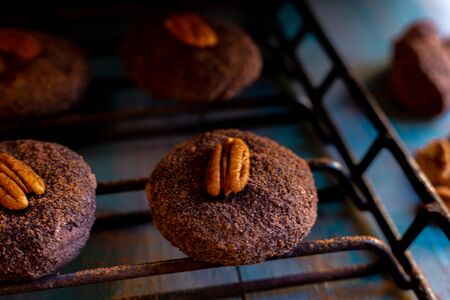 Baked chocolate chip cookies on an artistic background.の写真素材