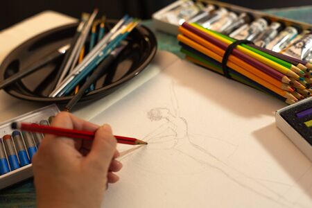 acrylic paints, chalk, colors, work blog, drawing on the days at home alone or with children, artistic activity.の写真素材