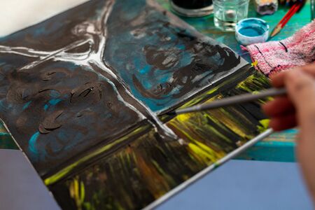 acrylic paints, chalk, colors, work blog, drawing on the days at home alone or with children, artistic activity.の写真素材