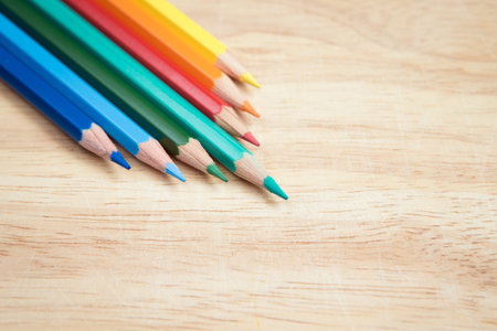 multiple pencil color on the wood blockの写真素材