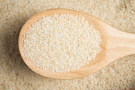 scoop of sesame on a blurry pile of sesame.Selective focus.の写真素材