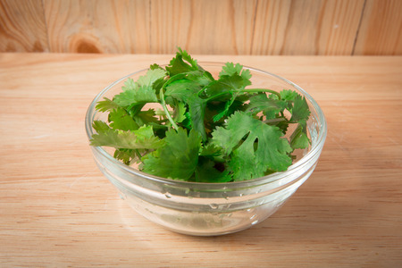 bowl of  coriander leaf on a wooden blockの写真素材